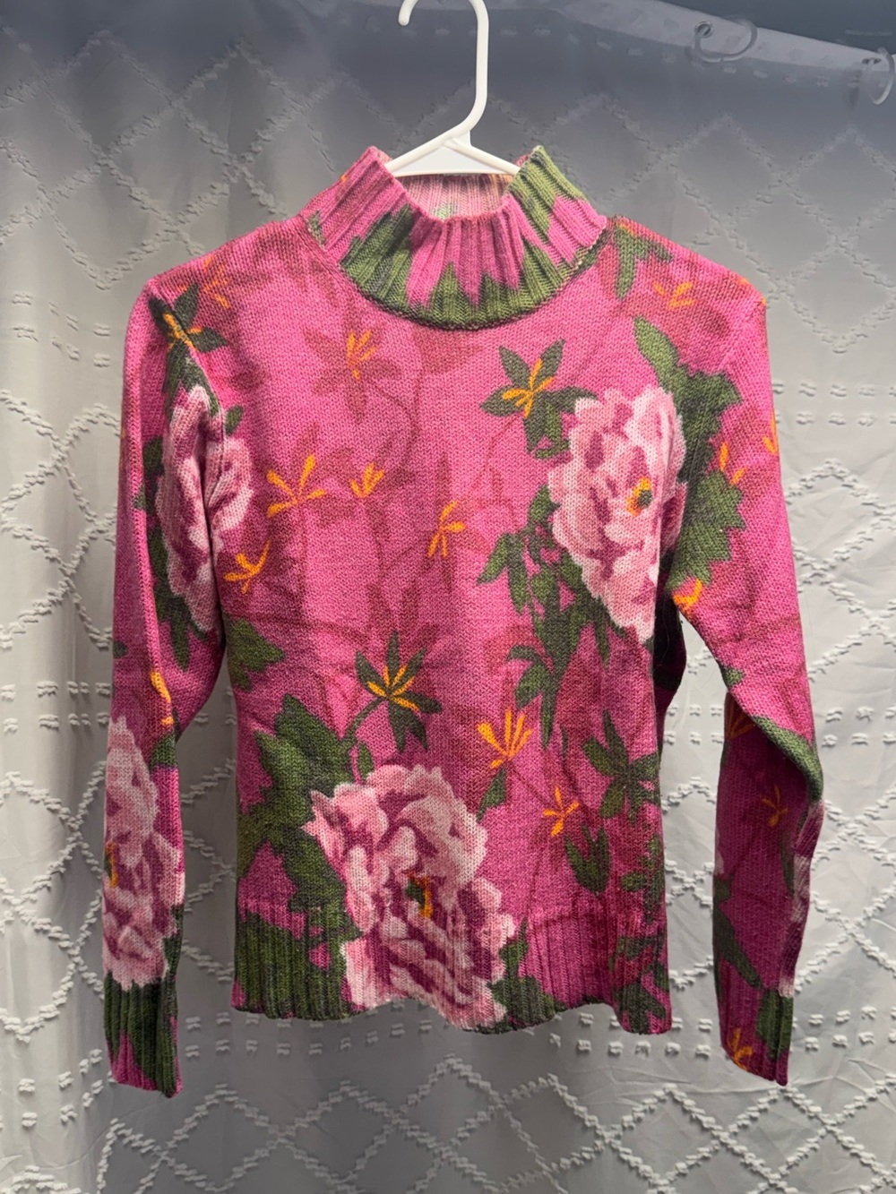 Northern Isles Pink Floral Mock Neck Wool Blend Sweater Size S